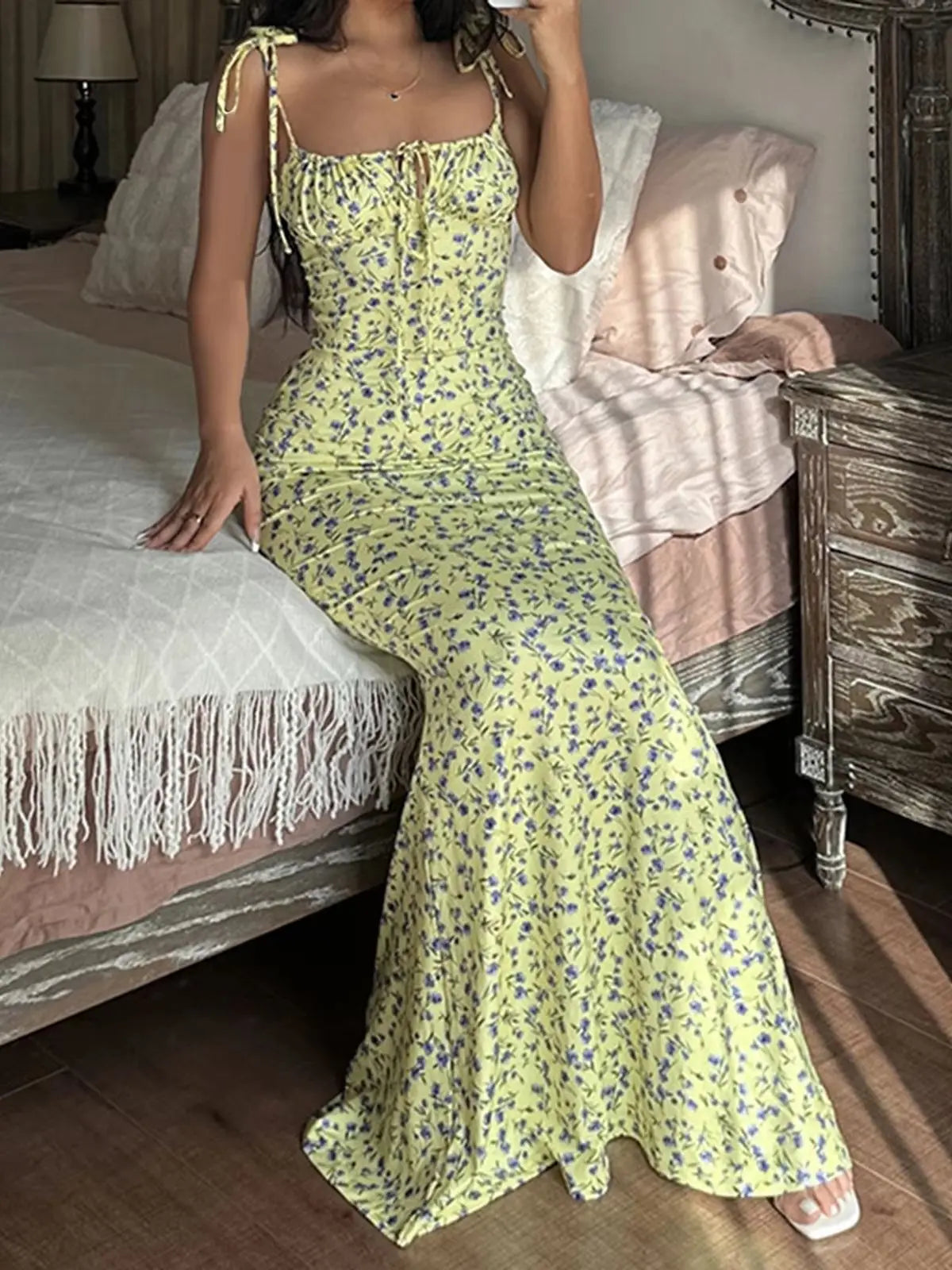 Summer Floral Midi Dress Women Spaghetti Strap Tie-Up V-Neck Split