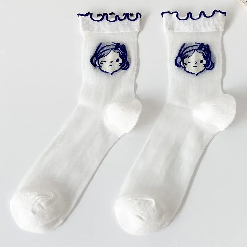 Transparent Crystal Silk Socks Women Fashion Ultra-thin Summer Harajuku Crew Socks Flower Streetwear Elastic Long Mesh Socks