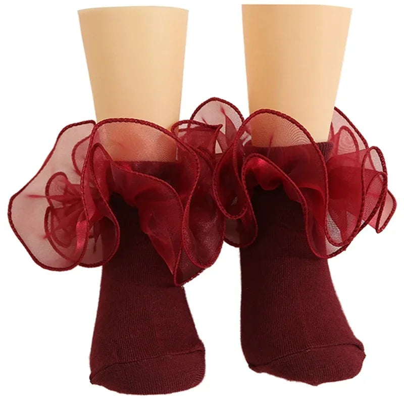 1 Pair Girls' Puffy Lace Socks Children's Combed Cotton Lace Socks