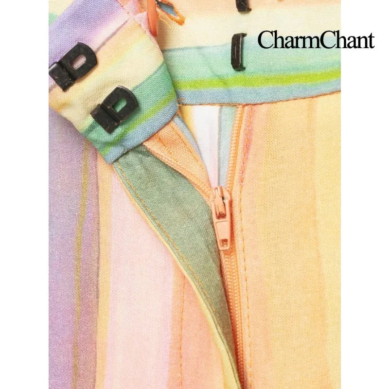 CHARMCHANT Women's Colorful Stripe Two Piece Outfit Halter Backless Tie Top Wide Leg Trousers Holiday Matching Suit Summer 2026