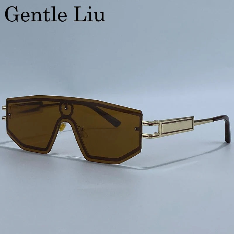 Steampunk One-Piece Rimless Sunglasses Women 2026 Luxury Brand Shield Windproof Goggle Sun Glasses For Lady Metal Frame Shades