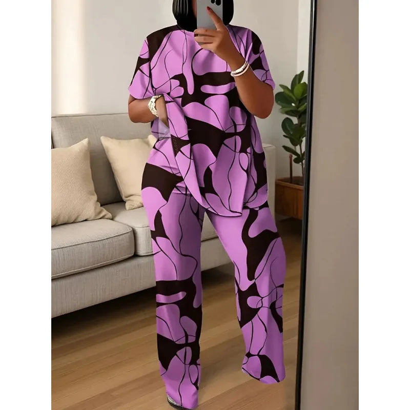 Conjuntos Femininos Summer Short-sleeved Fashion Print Suit Women's Round Neck Large Size T-shirt Wide-leg Trousers 2 Piece Suit