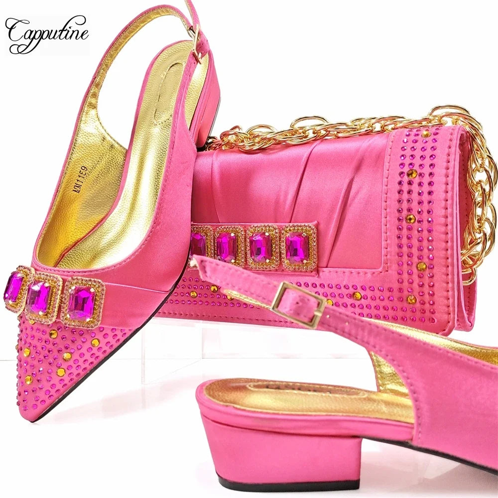 Peach Women Shoes And Bag Set Luxury  Ladies Sandals Match With Handbag Clutch Medium Heels Pumps Sandales Femmes MM1159