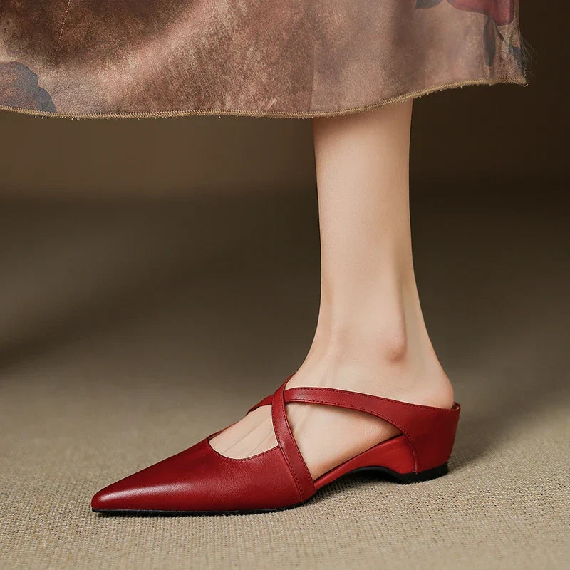 2026 New Summer Women Mules Genuine Leather Women Shoes Pointed Toe Low Heel Cover Toe Slingback Modern Slippers Ladies Shoes