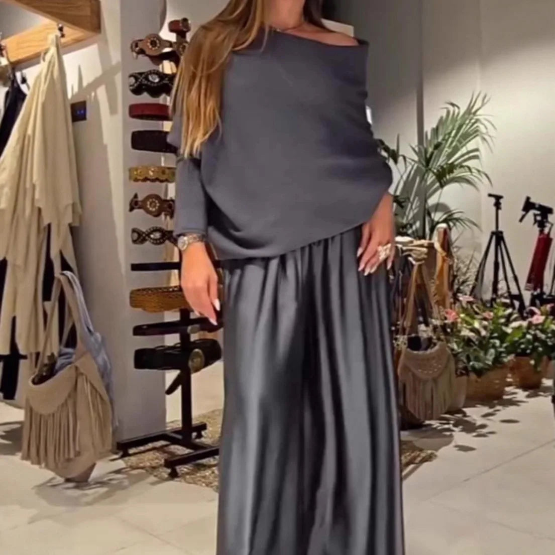 Fashion 2 Pieces Sets Women Elegant Off-shoulder Loose Tops And Satin Wide Leg Pants Sets 2026 Spring Casual Suit Woman Clothes
