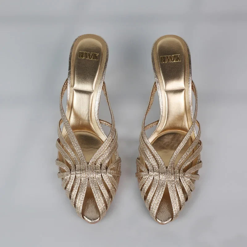 Women Shoes 2025 New Gold Hollow High Heels Luxury Pointed Toe Heeled Pumps for Women Office Mules Summer Stiletto Shoes Sandals