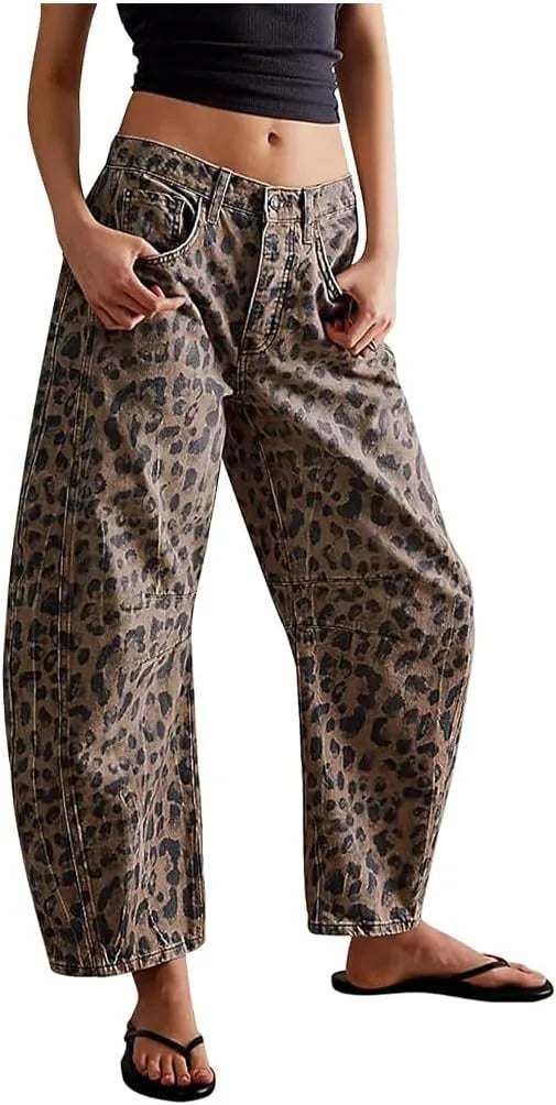 New Spring and Autumn Women's Loose Denim Flower Print Denim Pants Wide-leg Pants