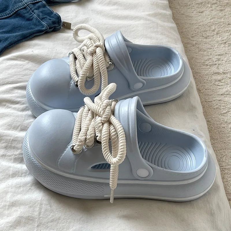 2025 DIY Laceup Platform Slippers For Women Home Street Garden Shoes Thick Sole Fashion Clogs Girls Summer Sandals Beach Slides