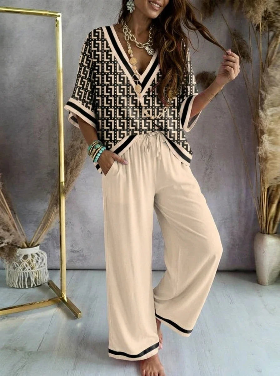 Missuoo Women's Loose Geometric Print V Neck Batwing Sleeve Top & Wide Leg Pants Set 2026 Summer Casual Loose 2 Piece Outfit