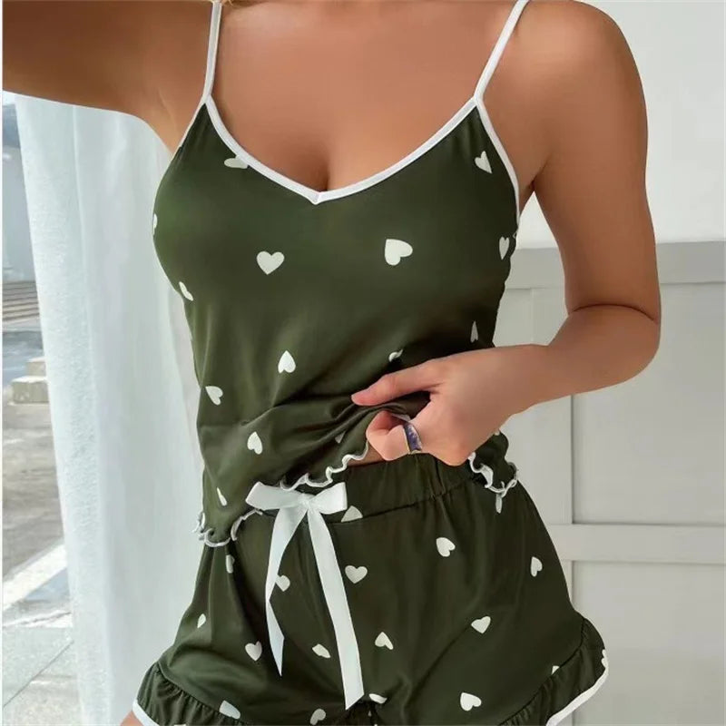 Women Sleepwear Summer 2 Piece Pajamas Set Spaghetti Strap Vest Top and Shorts Soft Casual Cute Printed Longewear