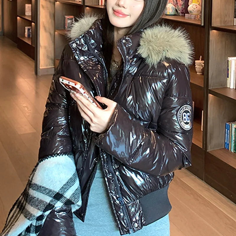 ZAROY Faux Fur Hooded Cotton Puffer Jacket Women Winter Quilted Zipper Pocket Coat Y2K Retro Padded Parkas High Street Outerwear