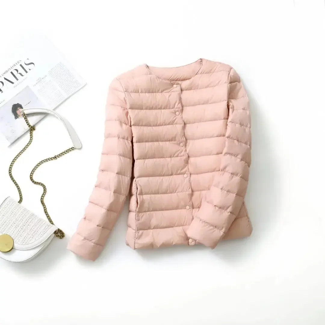 New Female Light Down Coat Women Liner Duck Down Jacket O-neck Variable V-neck 2024 Fall Collarless Light Quilted Puffer Coat