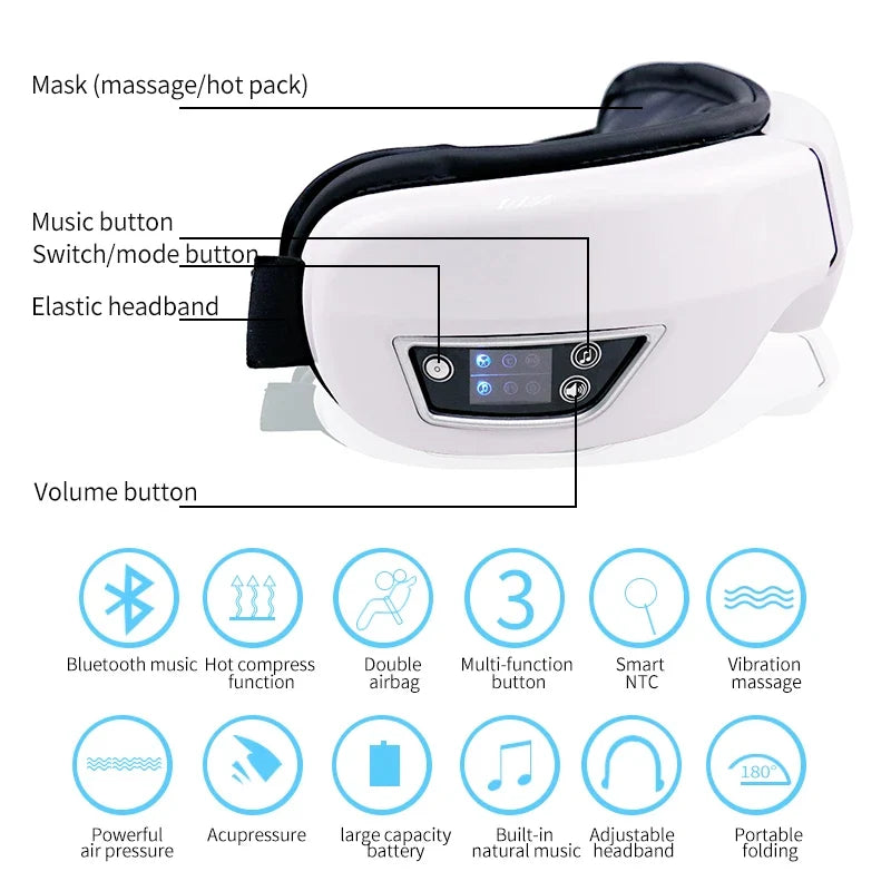 Electric Eye Massager Foldable Smart Airbag Vibrating Kneading Relax Massage Relieve Eye Dry Fatigue Bluetooth Music Eye Care