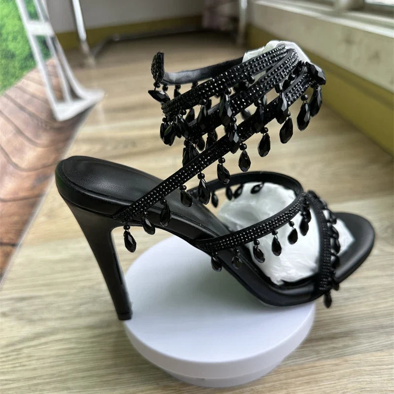 2023 Summer Crystal Pendant Twine Sandals Rhinestone High Heels 10cm Open Toe Women Shoes Party Wedding Bridal Shoes Size 34-43