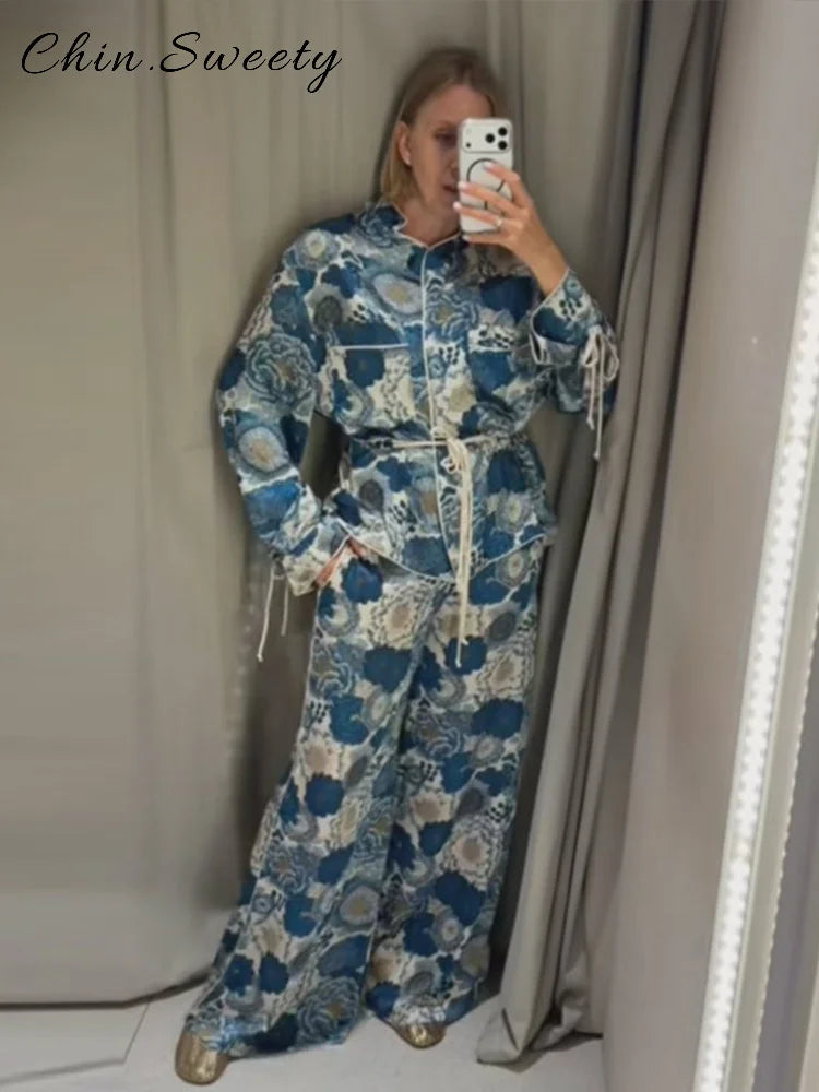 Casual Women's Printed Blouses Pant Set Loose Long Sleeve Lapel Lace Up Blouse Wide Leg Pockets Pants 2026 Autumn Lady Suit