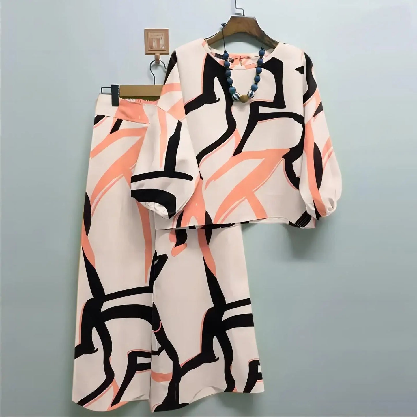 Print Suit Women Two Piece Pant Sets Long Sleeve Round Neck Tops Shirt Wide Leg Pants Loose Elegant Lady Bohemian Suits