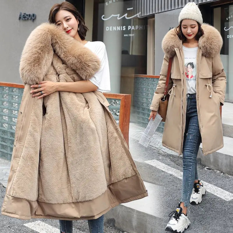 2026 New Winter Women Parka Fur Hooded Jackets Thicken Warm Cotton-padded Puffer Coat Casual Long Parkas Clothes Loose Outerwear