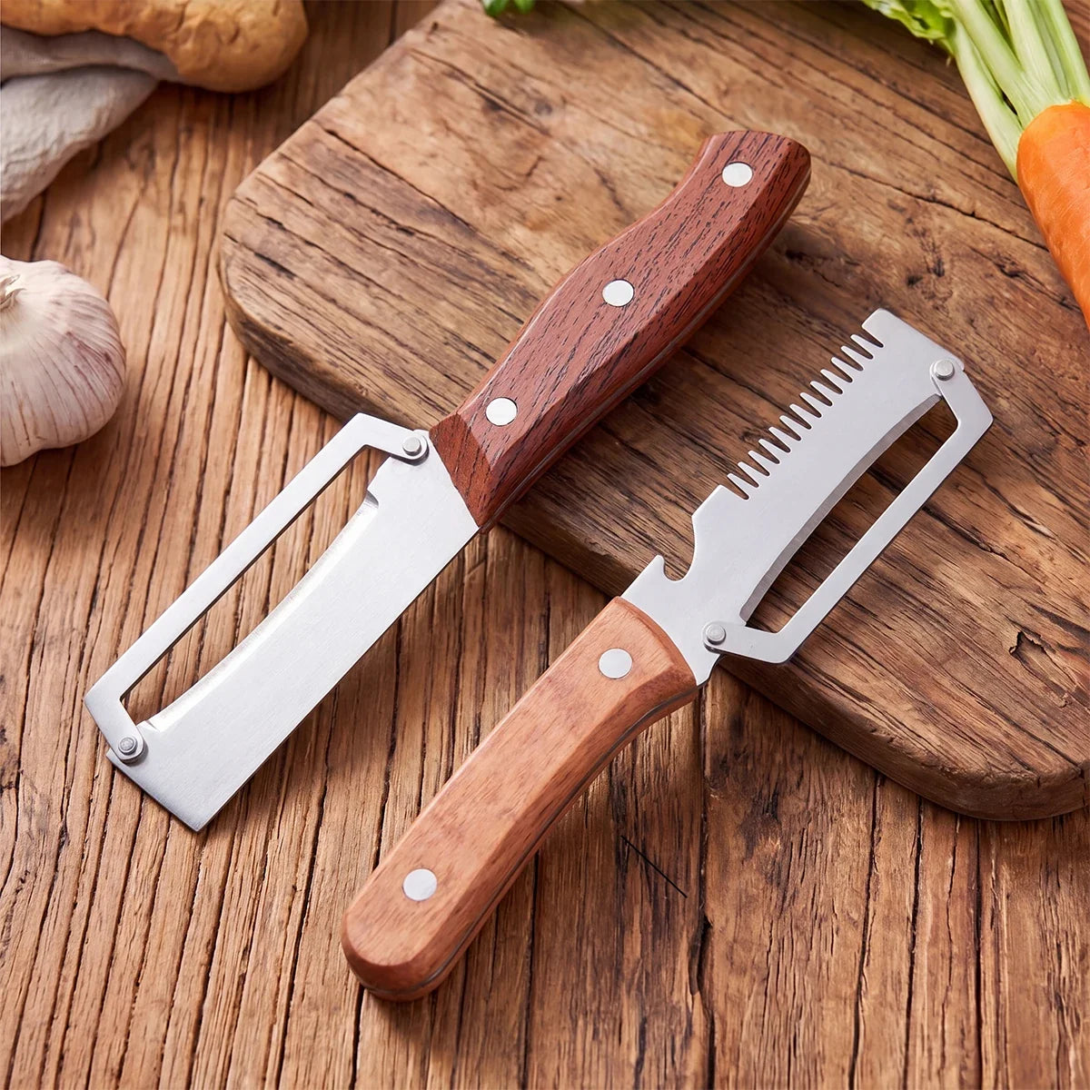 Stainless Steel Vegetable Peeler with Wooden Handle 3-in-1 Fruit Potato Peeler with Bottle Opener Kitchen Peeling Cooking Tools