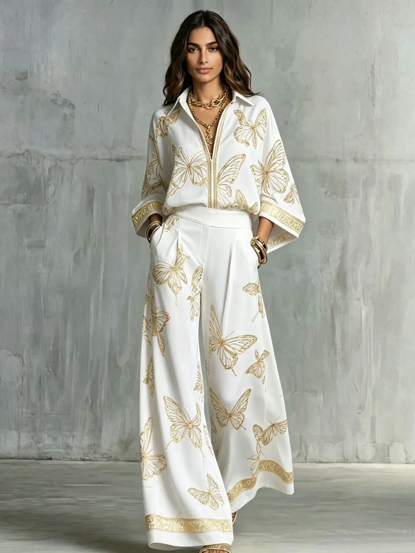 Fashion Set For Women Autumn 2026 New Loose Lapel Zipper Long Sleeve Coat Top Wide Leg Pants Two Piece Set Leisure Print Outfits