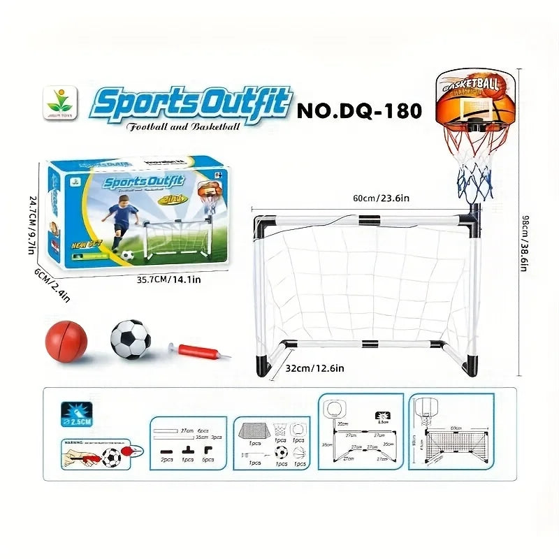 2-in-1 Kids Soccer Goal and Basketball Hoop Set Portable Indoor Outdoor Sports Game Toy for Toddlers Boys