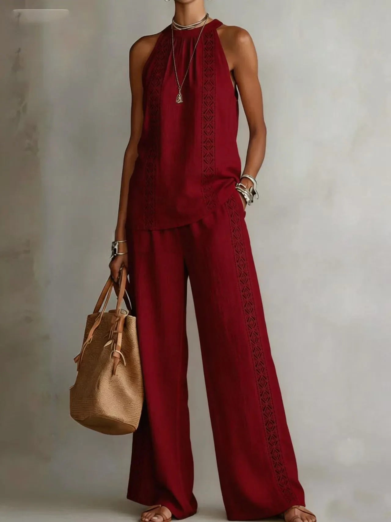 Sexy Halter Neck Sleeveless Tops Women's Suit Summer New Fashion Loose Retro Hollow Lace Pocket Wide Leg Pants 2-piece Set 2026