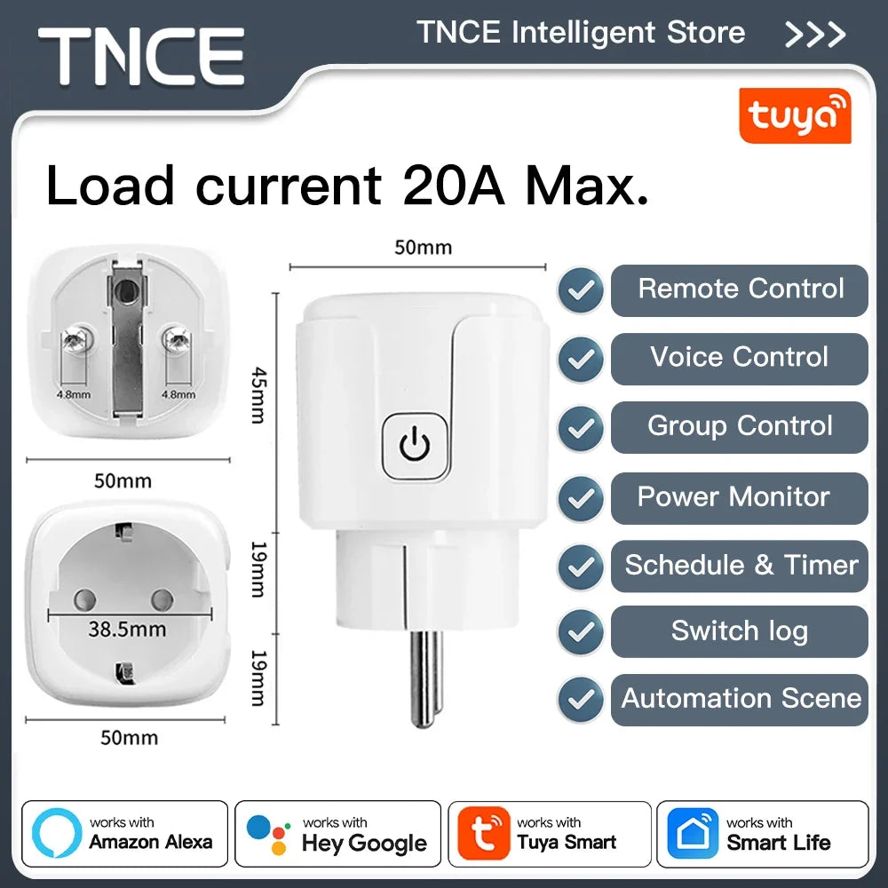 TNCE Tuya EU Plug WiFi or Zigbee3.0 Smart Socket 16/20A, Power Monitor Timer Function Voice Control With Alexa Google Home