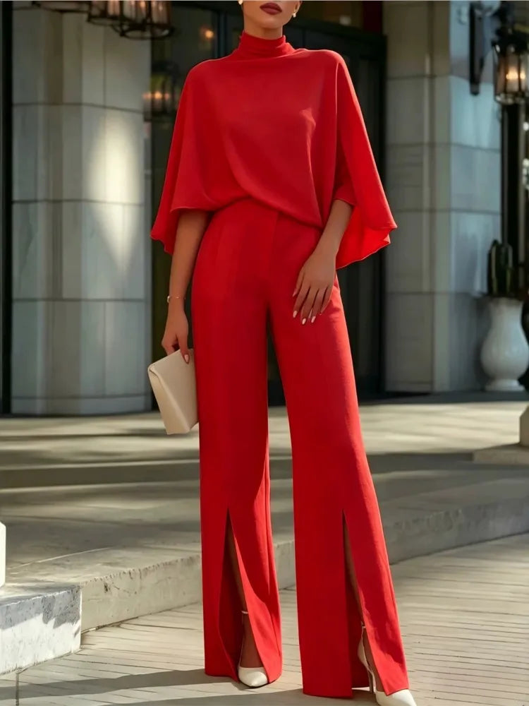 Autumn Women's Half Turtleneck Shawl Top Fashion Slit Wide Leg Trousers 2piece Suit Elegant Slim Fit Female Office Trousers Suit
