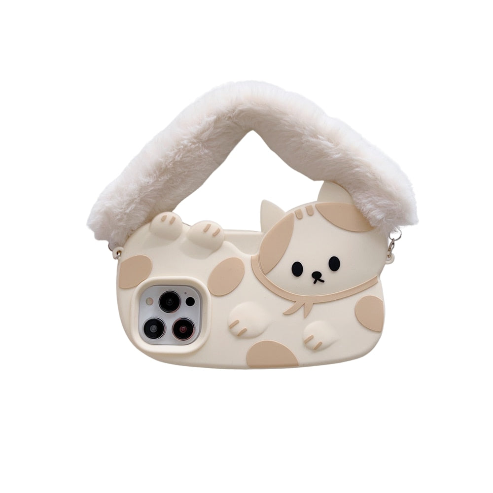 Funda para iPhone de gato con correa de peluche