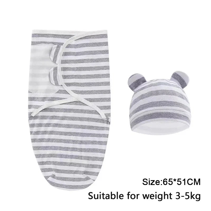 Baby Blanket Hat Set Cartoon Printed Cotton Newborn Swaddle Adjustable