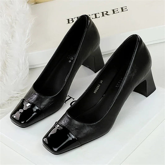 BIGTREE Fashion Patent Leather Women's Pumps Square Toe Stripper Elegant Party Vintage Spring Ladies Shoes Zapatos Mujer