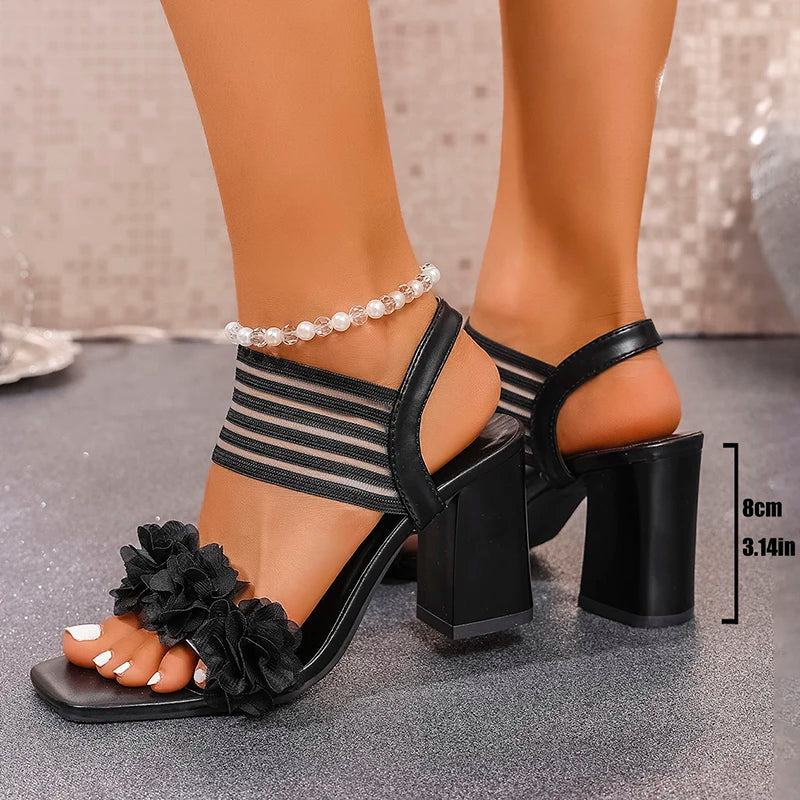 Fashion Flowers High Heel Sandals Women Summer Elastic Strap Slip On Thick Heeled Sandals Woman Plus Size Square Toe Party Shoes