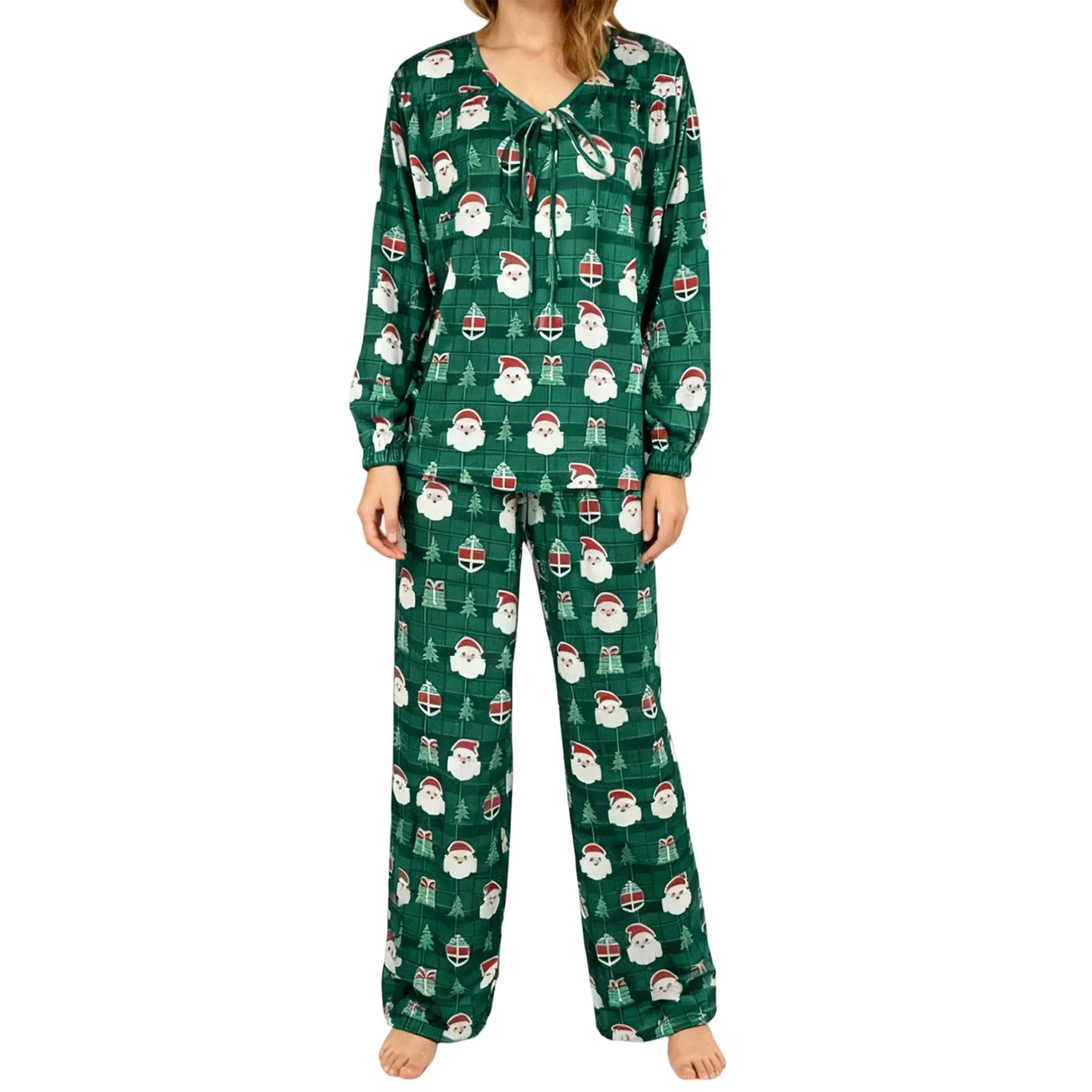 Women Christmas Pajamas Long Sleeve Tie-up V Neck Tops and Pants Loose Fall Winter Two Piece Loungewear
