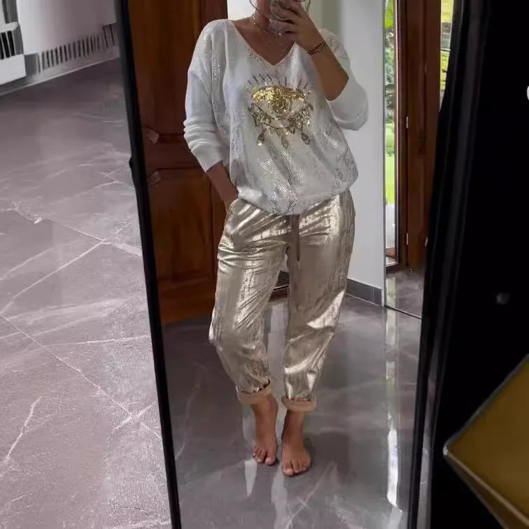 Plus-size Suit Women's Casual Fashion Metal Eye Decoration Long-sleeved Shirt Casual Pants Plus-size Women's Clothing 2025