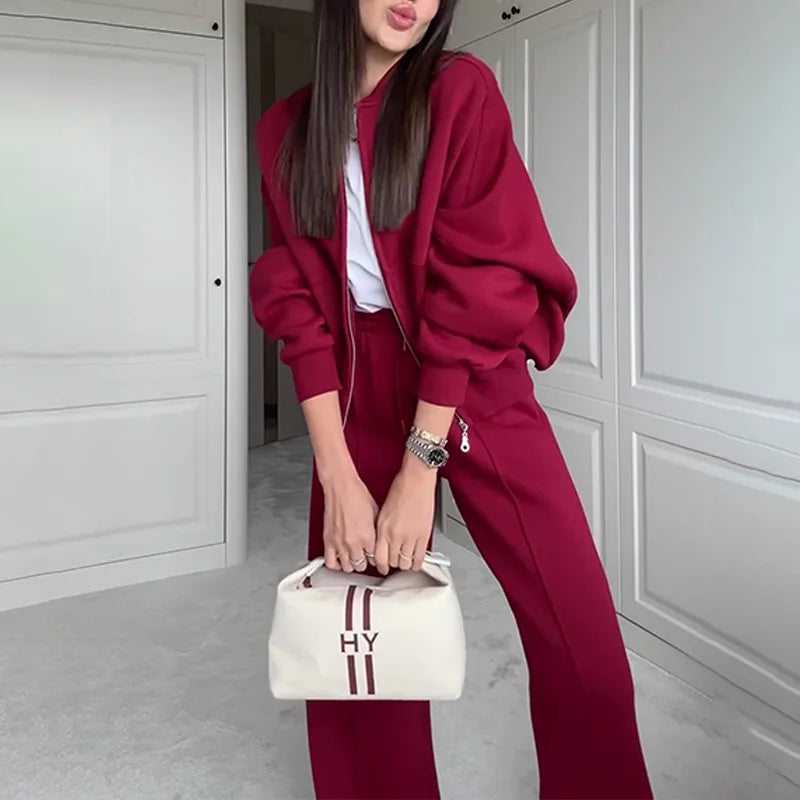 Fashion Women's Suit Zipper Trousers Round Neck Sweatshirt Wide Leg Trousers 2 Piece Set Conjuntos De Pantalón Fall Clothes 2025