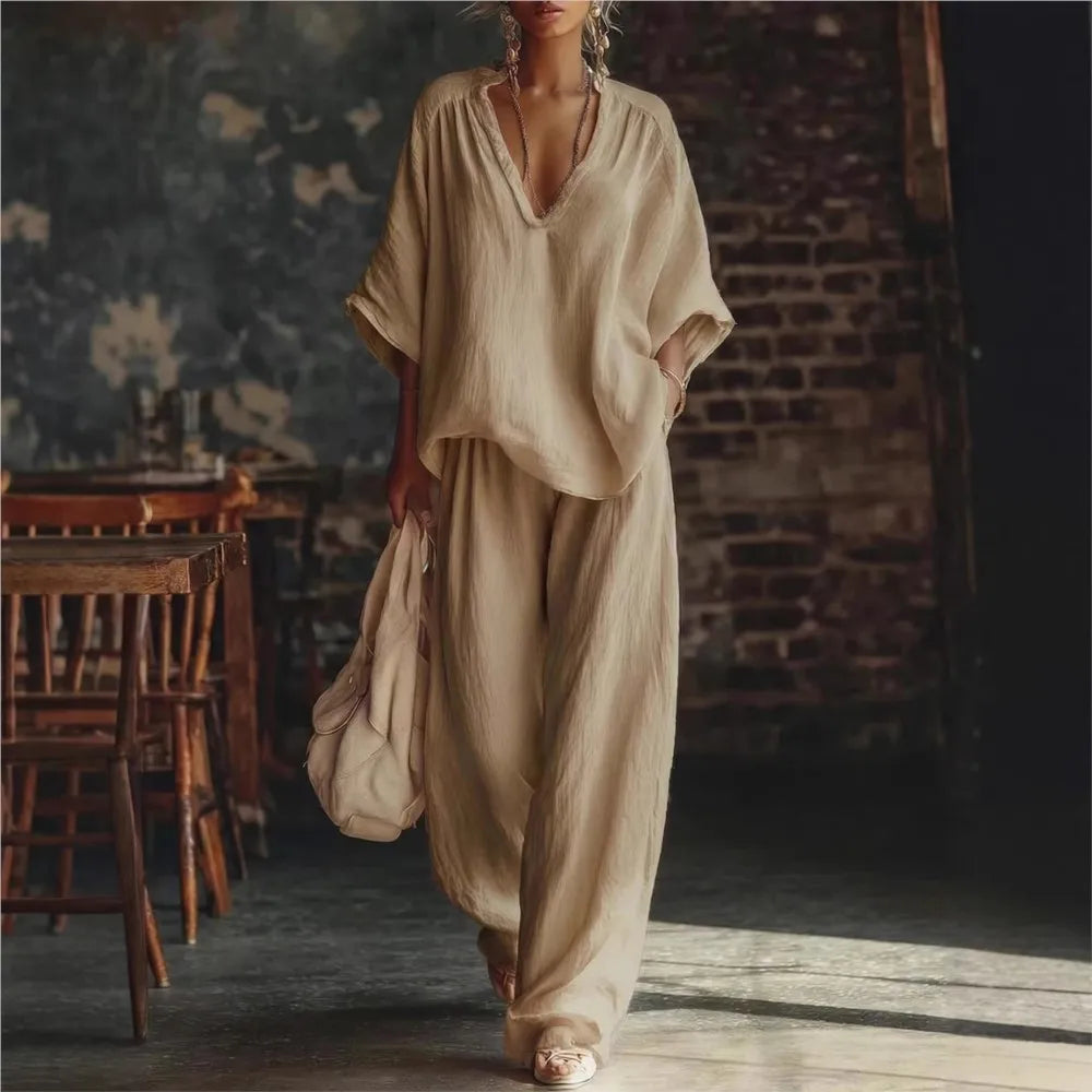 Fashion V-neck Short-sleeved Loose Top Women's Suit Summer New Casual Retro Female Vacation Lazy Trousers 2-piece Set 2026
