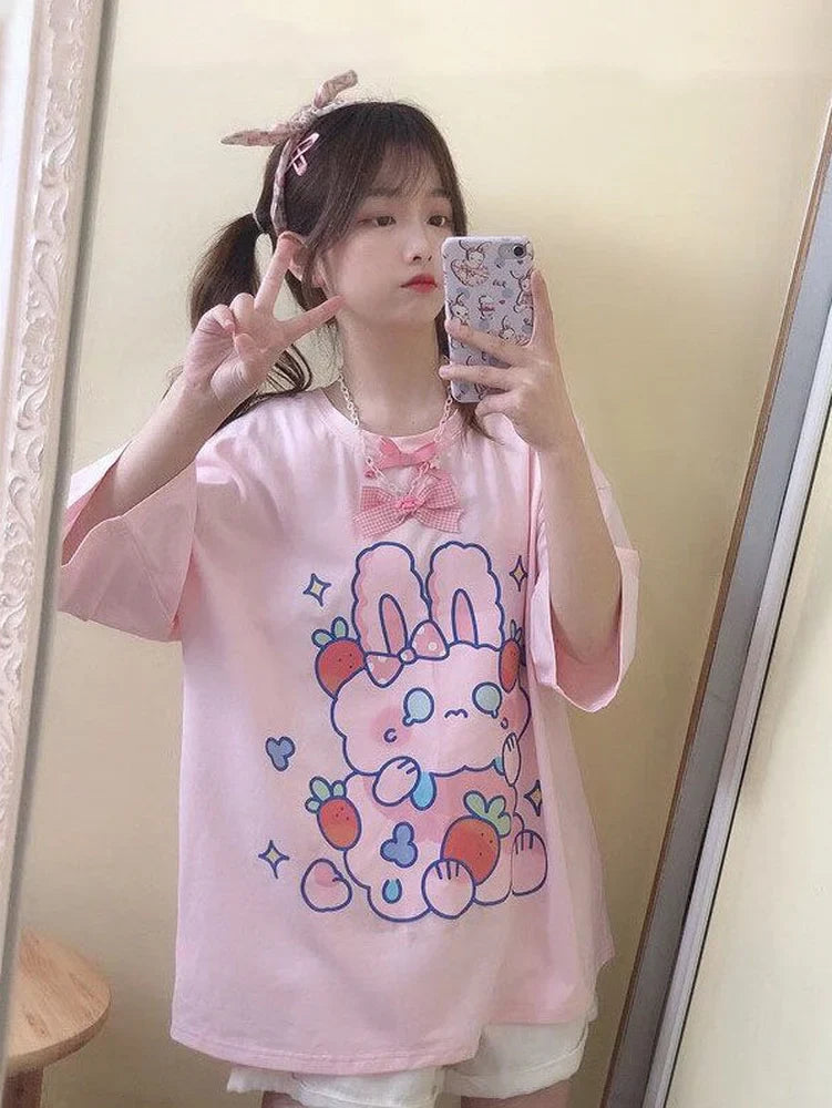 Camiseta de Harajuku de Conejito Fresa Rosa