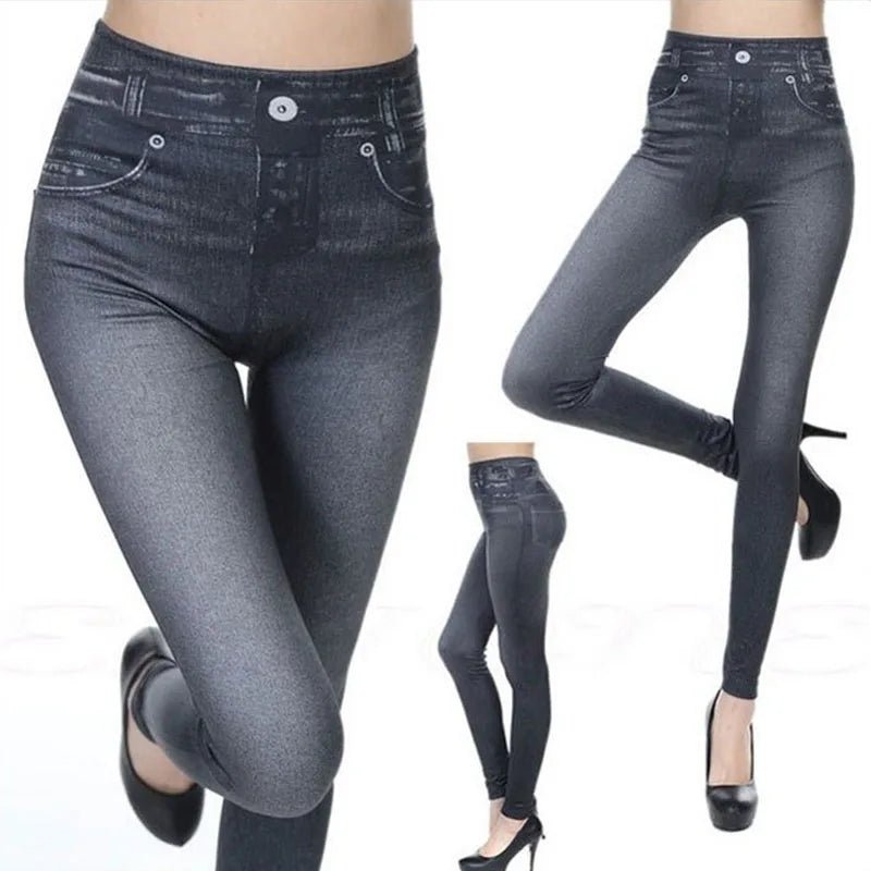 1pcs Women's Denim Print Leggings Females Fashion Slim Leggings Faux
