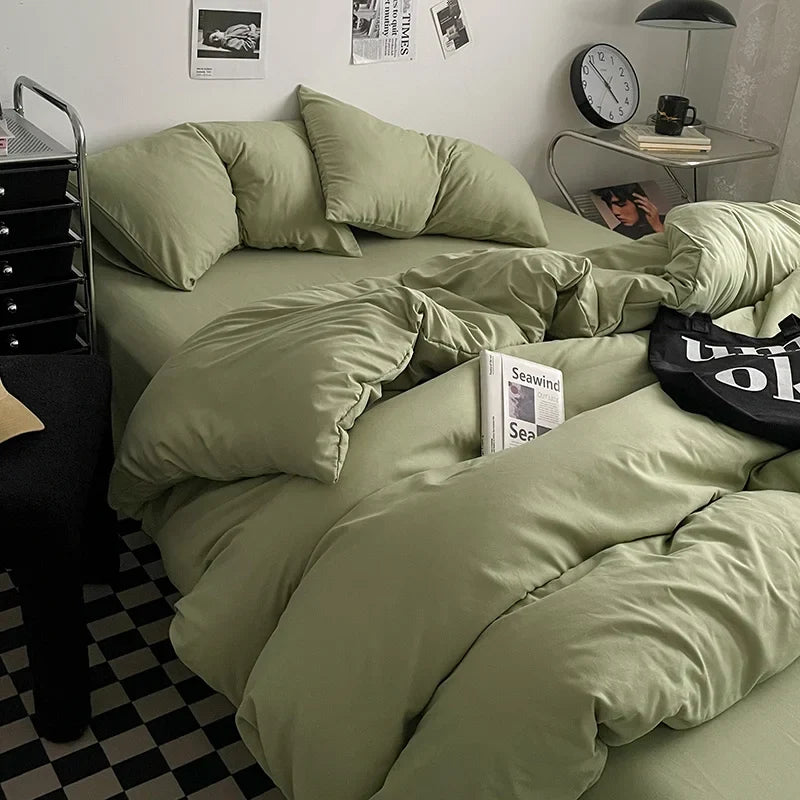 Washed Cotton Bed Linen Bedding Set 4 Pieces Bed Sheets Set Solid Color Comforter Cover Couple Queen King Size Bed Quilt Cover