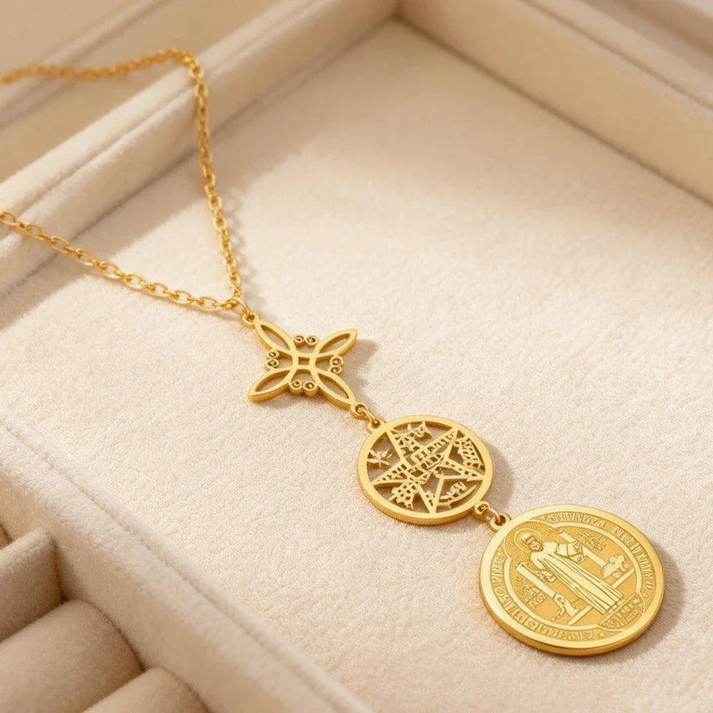 Triple Protection Necklace With Witch Knot Pentagram Tetragrammaton St. Benedict Stainless Steel Spiritual Symbol Amulet Jewerly