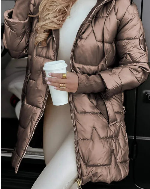 Parkas Coat Women Cotton Padded Jacket Hooded Outerwear Winter Thick Warm Pockets Zipper Puffer Windproof Mid Length Overcoat