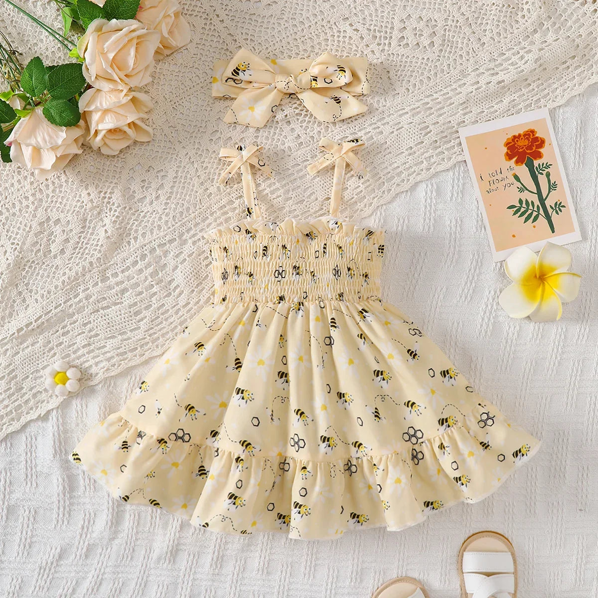 Baby Girl Summer Dress Cute Little Bee Ruffled Suspender Dress and
