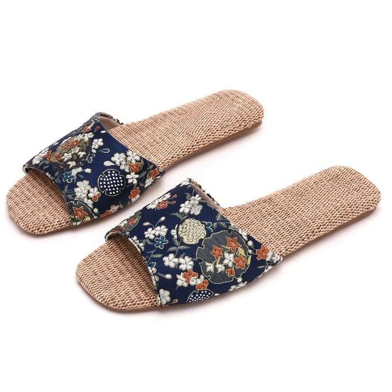 Breathable Indoor Linen Slippers For Women Men Home Floor Shoes Chinese Style Emrobidery Anti-slip Couples House Bedroom Slides