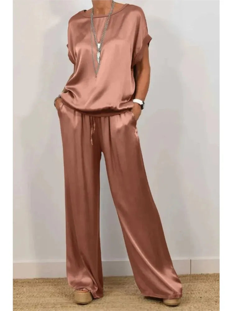 2-piece Set Fashion Satin O Neck T-shirt Top Trousers Summer Retro Elegant Casual Loose Wide-leg Pants Female Home Clothing Suit