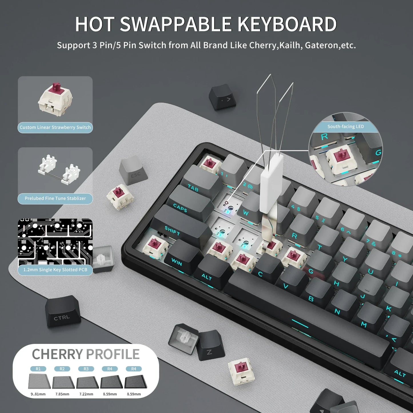 ATTACK SHARK X66 65% Wireless Mechanical Keyboard with Knob, 66 Keys Tri Mode Gasket Hot Swap RGB Gaming Keyboard 60 Percent,PBT