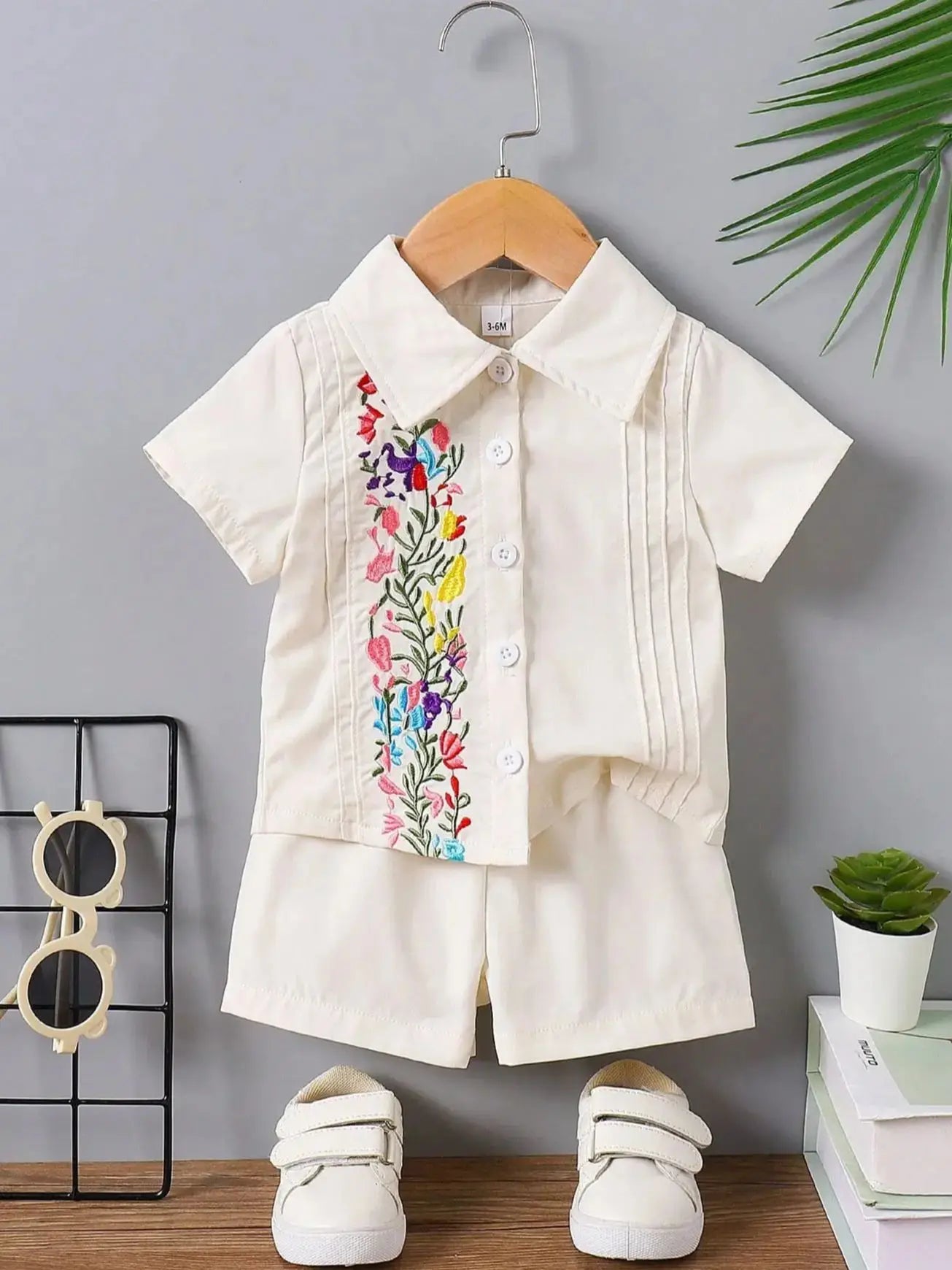Baby Boy Beige Outfit, Floral Embroidery Collared Shirt & Shorts, Summer Casual Set