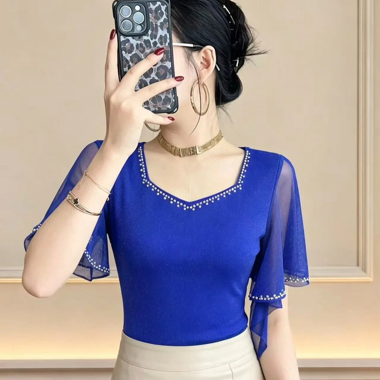 2026 Summer New Diamond Shirt Short sleeved Mesh Tops Slim Korean Fashion Bright Silk Women T Shirt