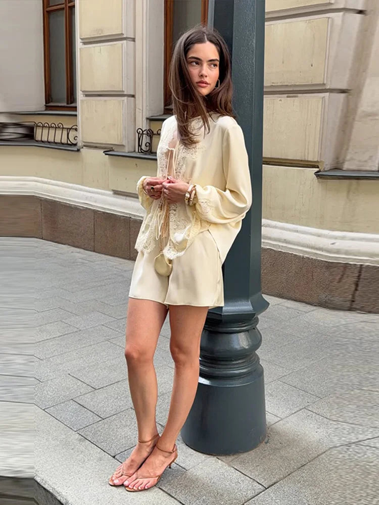 Elegant Women O Neck Long Sleeve Lace Up Shirt Chic Lace Patchwork Satin Blouse Shorts Set 2026 Summer Chic 2 Pcs Outfits Street