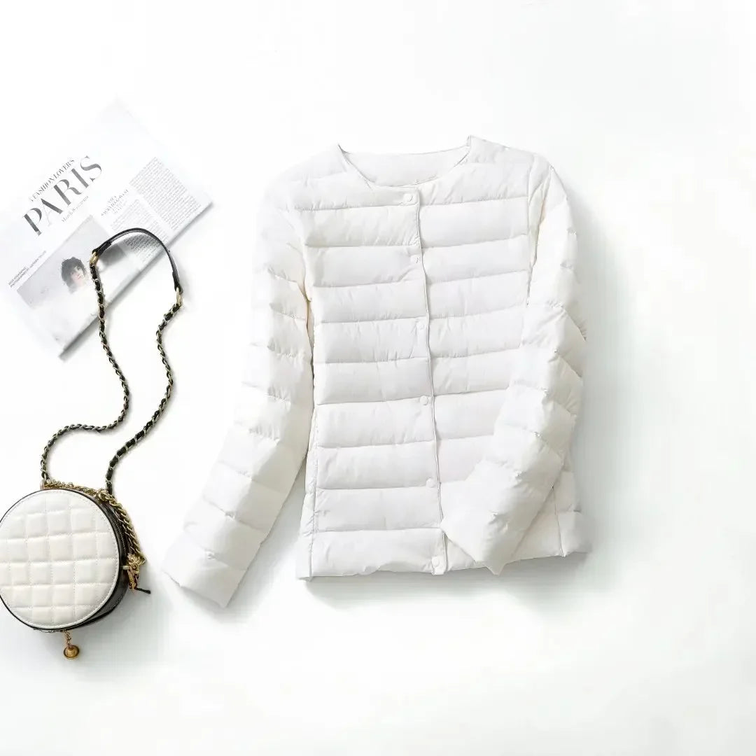 New Female Light Down Coat Women Liner Duck Down Jacket O-neck Variable V-neck 2024 Fall Collarless Light Quilted Puffer Coat