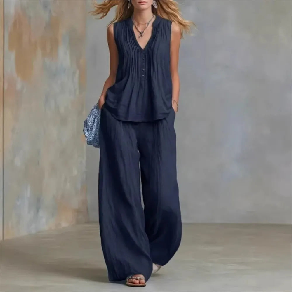 Fashion Pleated V-neck Sleeveless Women's Tops 2-piece Summer Casual Loose Wide-leg Trousers Female Elegant Office Trousers Set