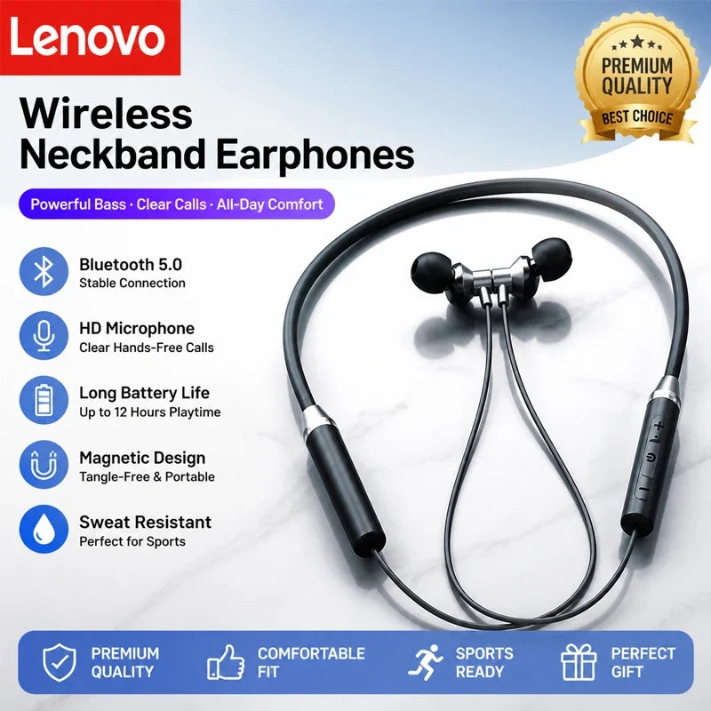 Lenovo HE05X Neckband Earphones Wireless Bluetooth 5.0 Earbuds Waterproof Sport Headset With Mic Magnetic Neckband Earphone New